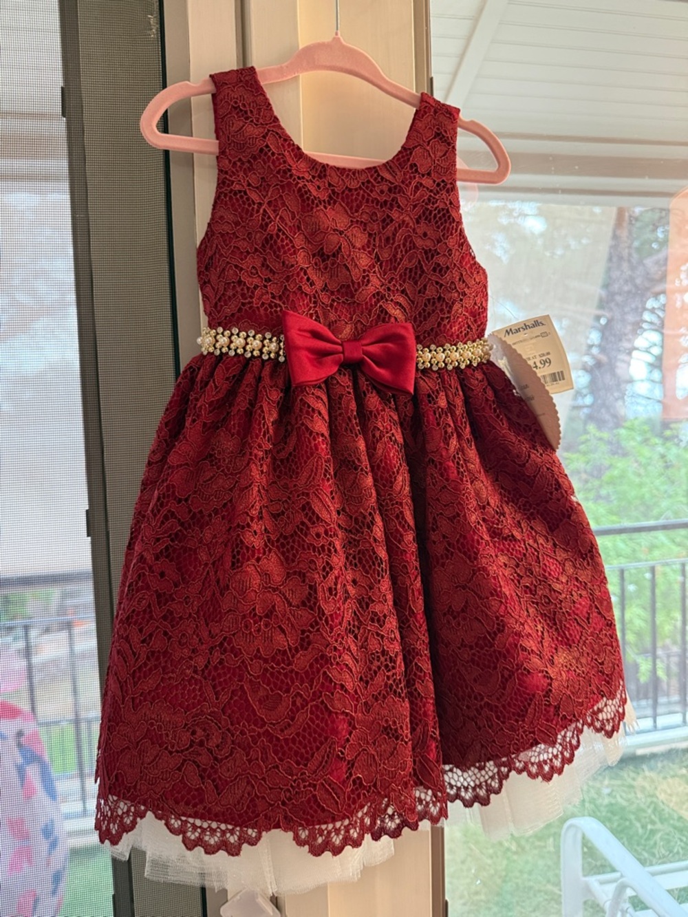 Girls Lace Party Dress with Pearl Bow - Burgundy